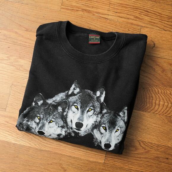 Vintage 90s Cross Creek Wolf Sweatshirt USA Boothbay Maine Black Size L Outdoors - Picture 1 of 8